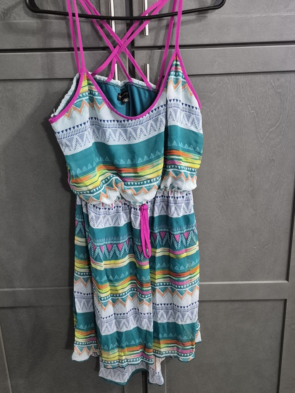 Y2k City Triangles Teal Dress with Pink Straps and Multicolor Tribal Print